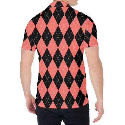 Black And Coral Argyle Pattern Print Men's Shirt