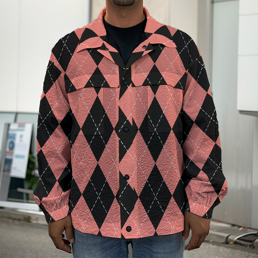 Black And Coral Argyle Pattern Print Men's Shirt Jacket