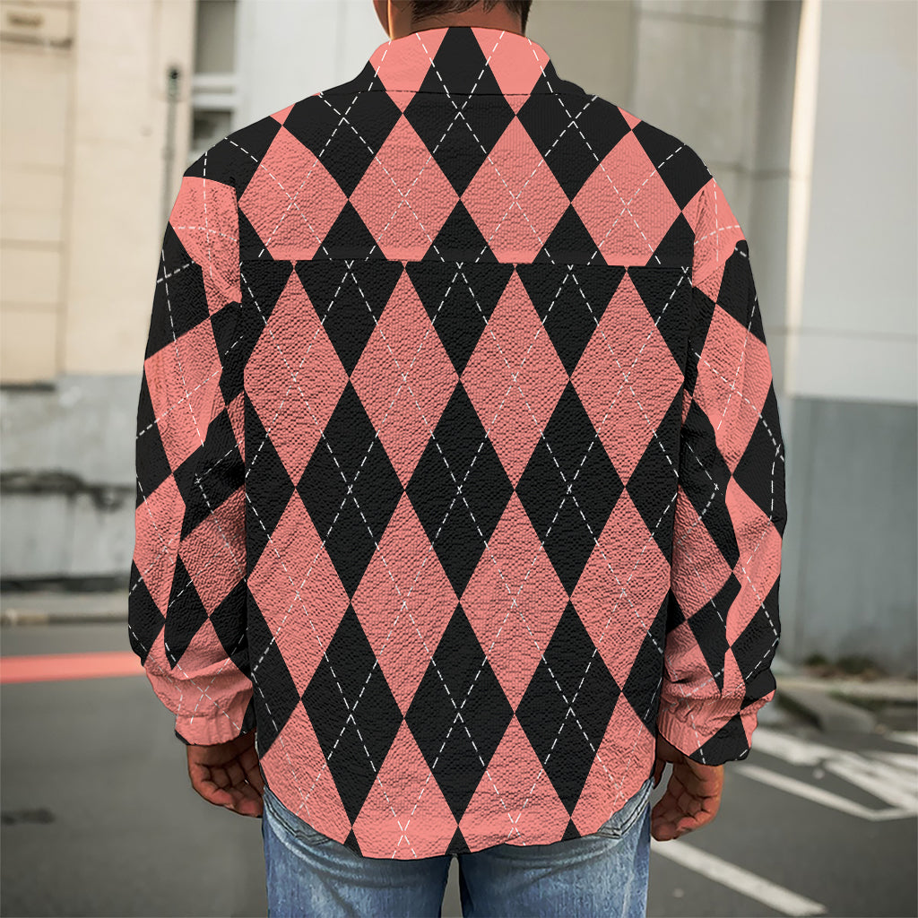 Black And Coral Argyle Pattern Print Men's Shirt Jacket