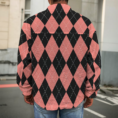 Black And Coral Argyle Pattern Print Men's Shirt Jacket