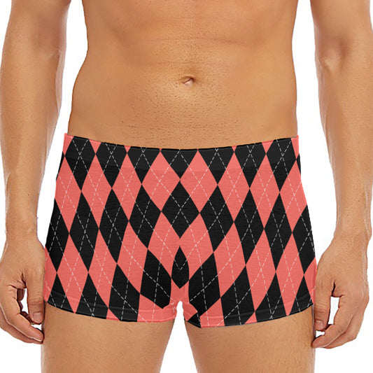 Black And Coral Argyle Pattern Print Men's Short Boxer Briefs