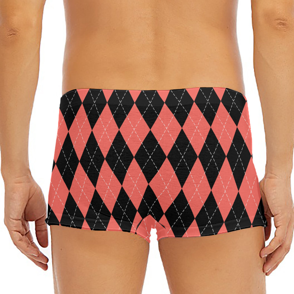 Black And Coral Argyle Pattern Print Men's Short Boxer Briefs