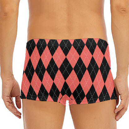 Black And Coral Argyle Pattern Print Men's Short Boxer Briefs