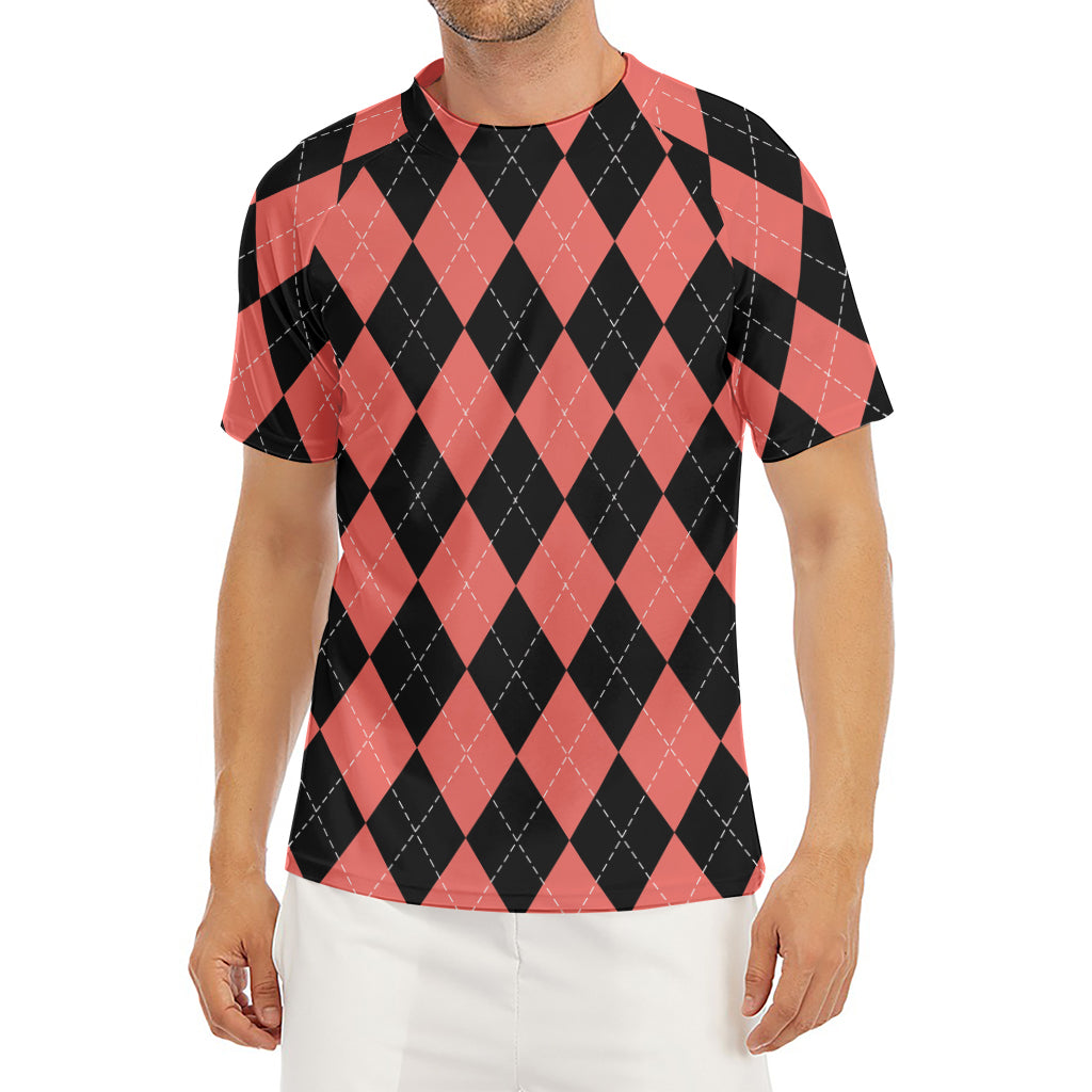 Black And Coral Argyle Pattern Print Men's Short Sleeve Rash Guard
