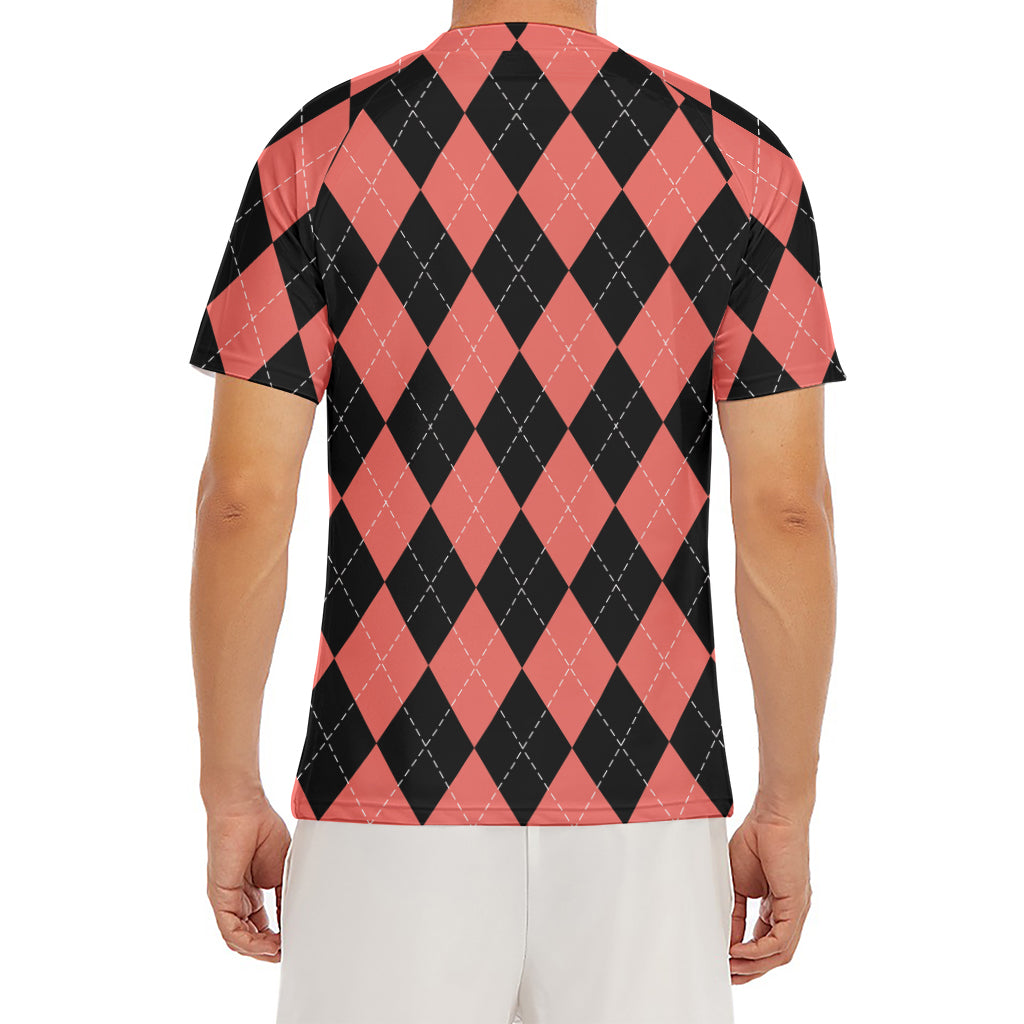 Black And Coral Argyle Pattern Print Men's Short Sleeve Rash Guard