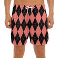Black And Coral Argyle Pattern Print Men's Split Running Shorts
