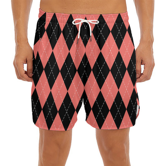 Black And Coral Argyle Pattern Print Men's Split Running Shorts