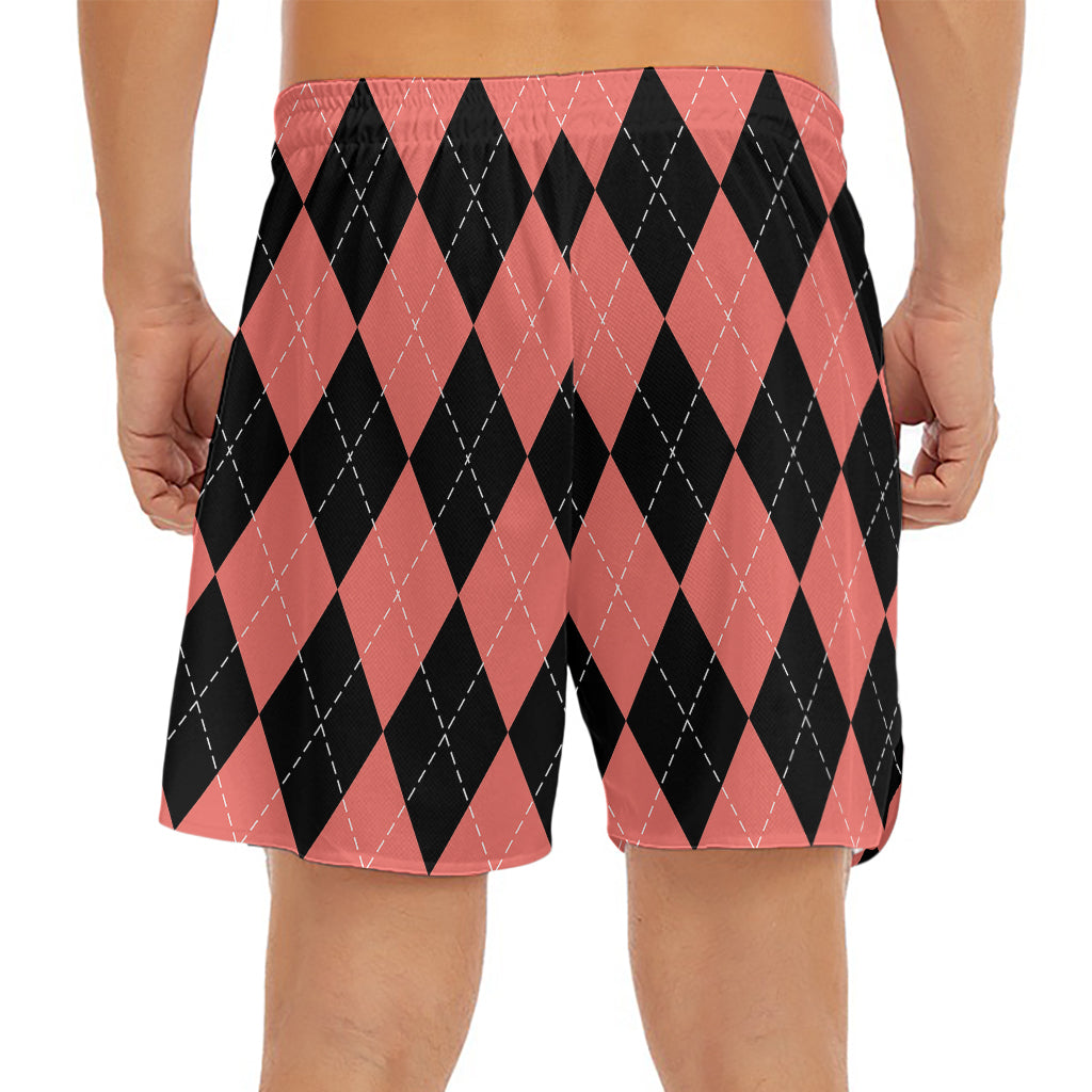 Black And Coral Argyle Pattern Print Men's Split Running Shorts