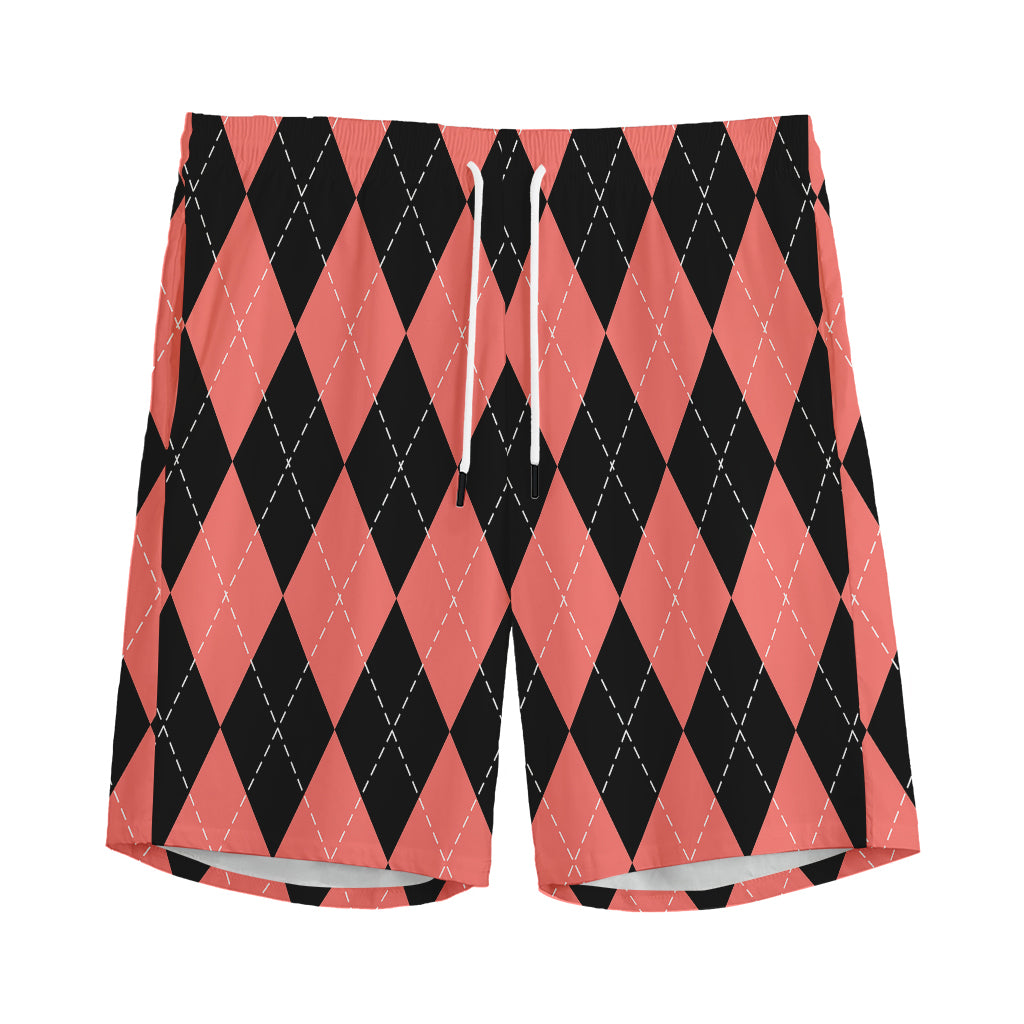 Black And Coral Argyle Pattern Print Men's Sports Shorts