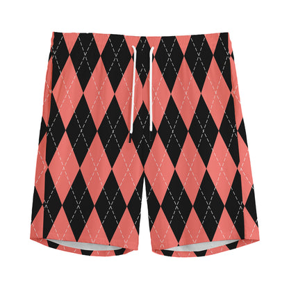 Black And Coral Argyle Pattern Print Men's Sports Shorts
