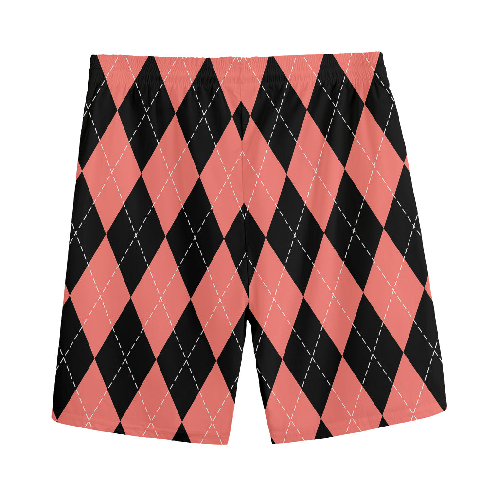 Black And Coral Argyle Pattern Print Men's Sports Shorts