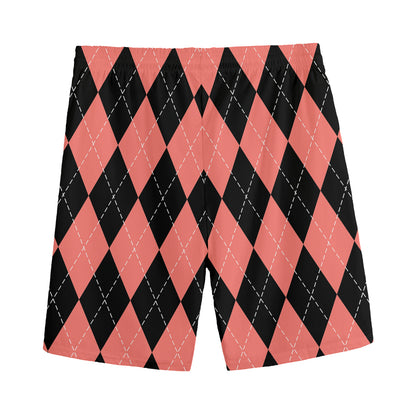 Black And Coral Argyle Pattern Print Men's Sports Shorts