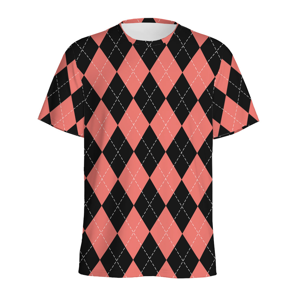 Black And Coral Argyle Pattern Print Men's Sports T-Shirt