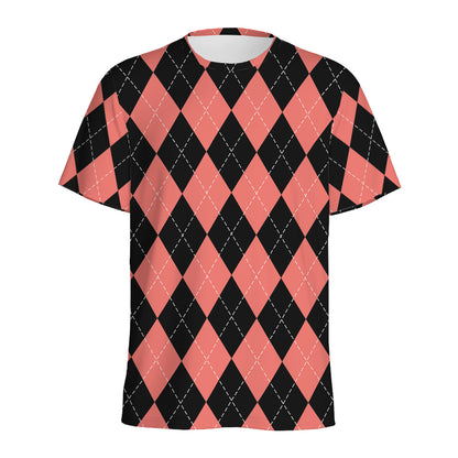 Black And Coral Argyle Pattern Print Men's Sports T-Shirt