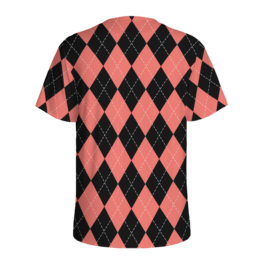 Black And Coral Argyle Pattern Print Men's Sports T-Shirt