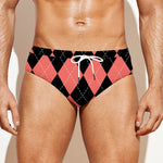 Black And Coral Argyle Pattern Print Men's Swim Briefs