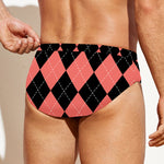 Black And Coral Argyle Pattern Print Men's Swim Briefs