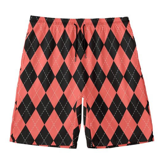 Black And Coral Argyle Pattern Print Men's Swim Trunks