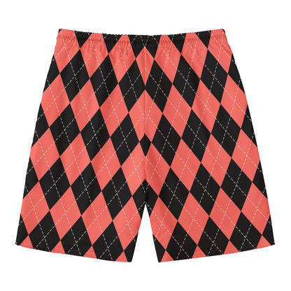 Black And Coral Argyle Pattern Print Men's Swim Trunks