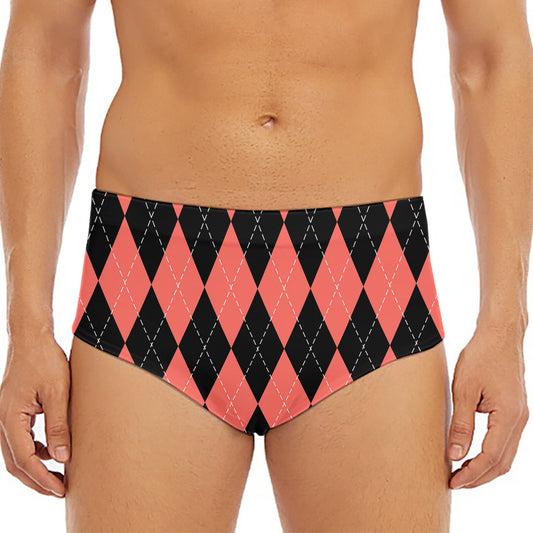 Black And Coral Argyle Pattern Print Men's Triangle Swim Briefs