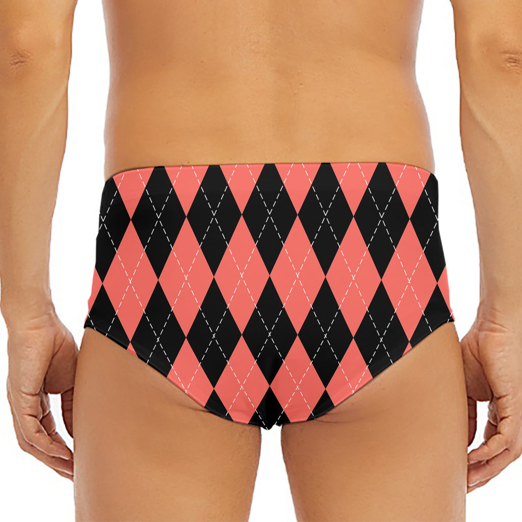 Black And Coral Argyle Pattern Print Men's Triangle Swim Briefs