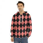 Black And Coral Argyle Pattern Print Men's Velvet Pullover Hoodie