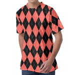 Black And Coral Argyle Pattern Print Men's Velvet T-Shirt