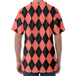 Black And Coral Argyle Pattern Print Men's Velvet T-Shirt