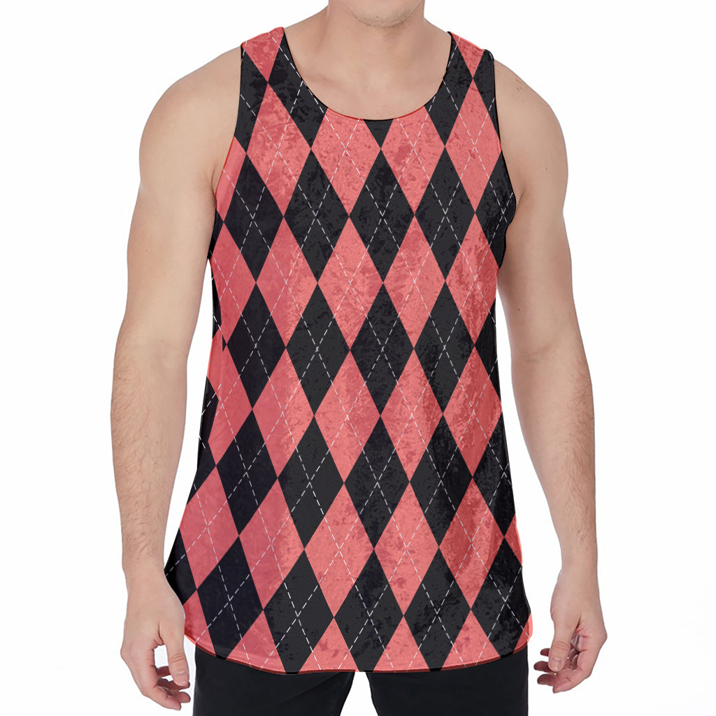 Black And Coral Argyle Pattern Print Men's Velvet Tank Top