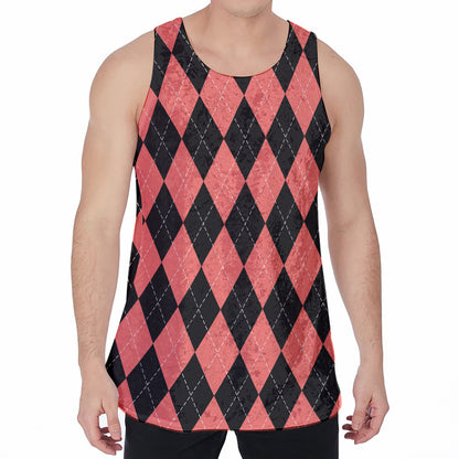 Black And Coral Argyle Pattern Print Men's Velvet Tank Top
