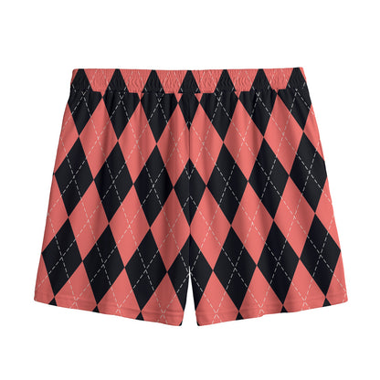 Black And Coral Argyle Pattern Print Mesh Shorts