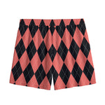 Black And Coral Argyle Pattern Print Mesh Shorts