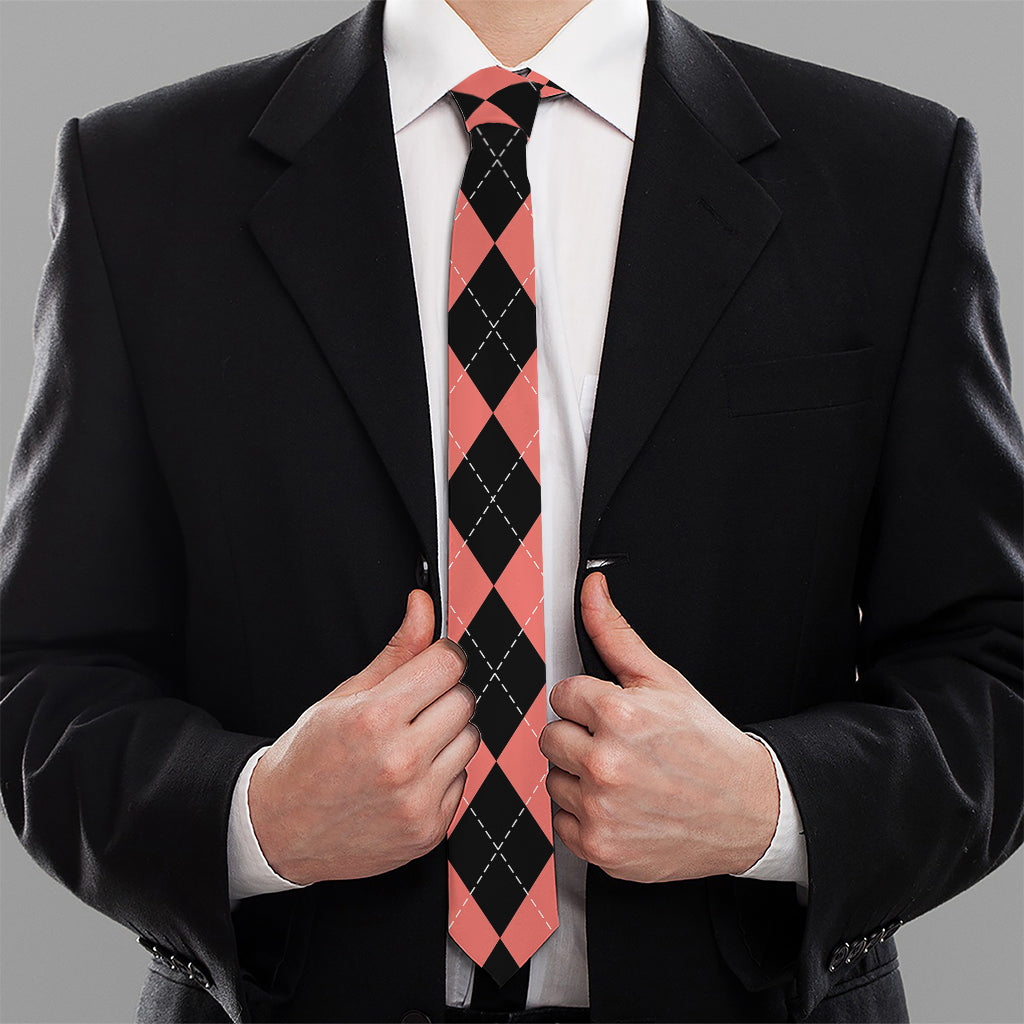 Black And Coral Argyle Pattern Print Necktie