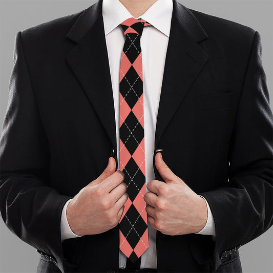 Black And Coral Argyle Pattern Print Necktie