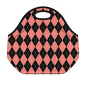 Black And Coral Argyle Pattern Print Neoprene Lunch Bag