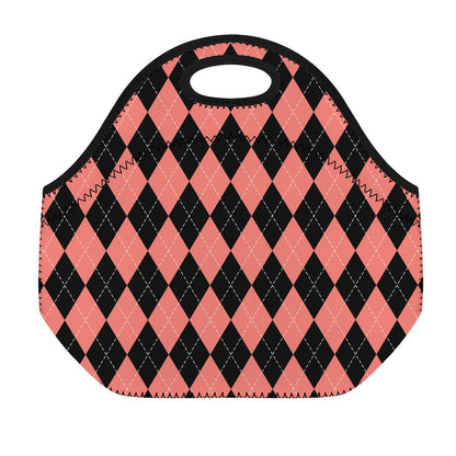 Black And Coral Argyle Pattern Print Neoprene Lunch Bag