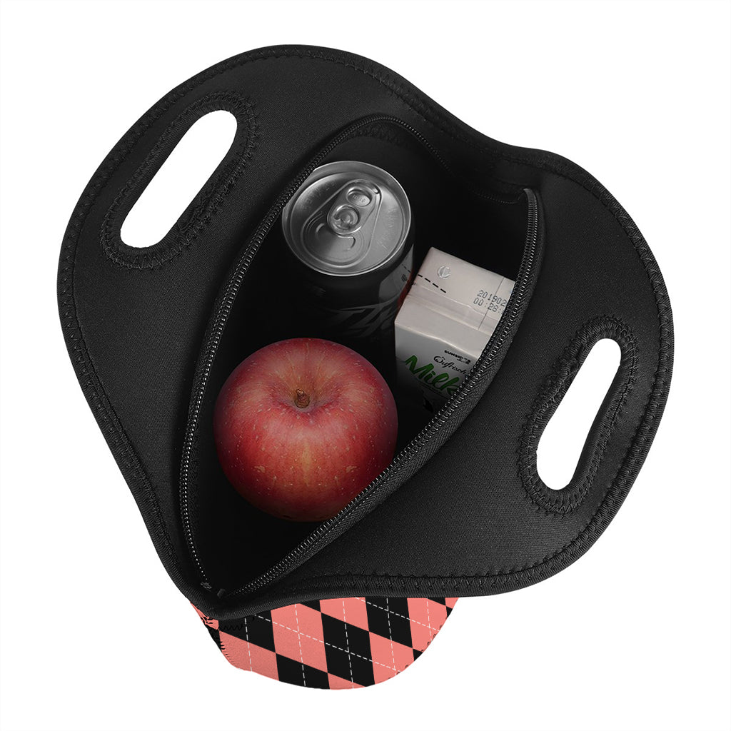 Black And Coral Argyle Pattern Print Neoprene Lunch Bag