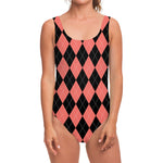 Black And Coral Argyle Pattern Print One Piece Swimsuit