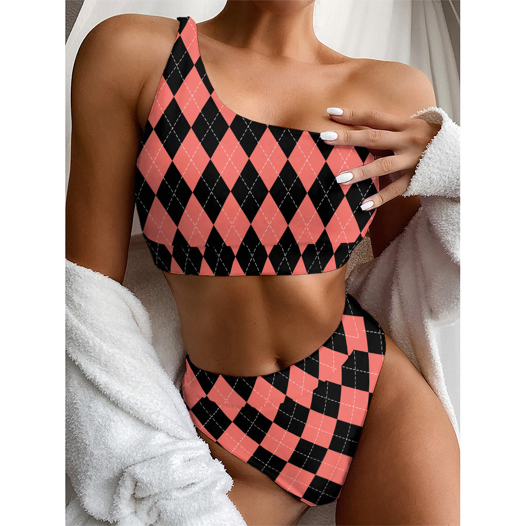 Black And Coral Argyle Pattern Print One Shoulder Bikini Top