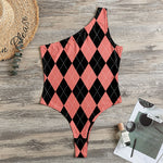 Black And Coral Argyle Pattern Print One Shoulder Bodysuit