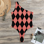 Black And Coral Argyle Pattern Print One Shoulder Bodysuit