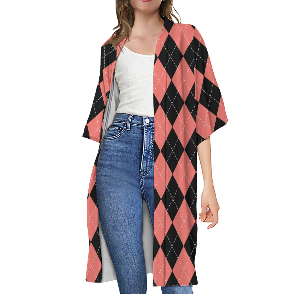 Black And Coral Argyle Pattern Print Open Front Beach Cover Up