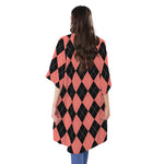 Black And Coral Argyle Pattern Print Open Front Beach Cover Up