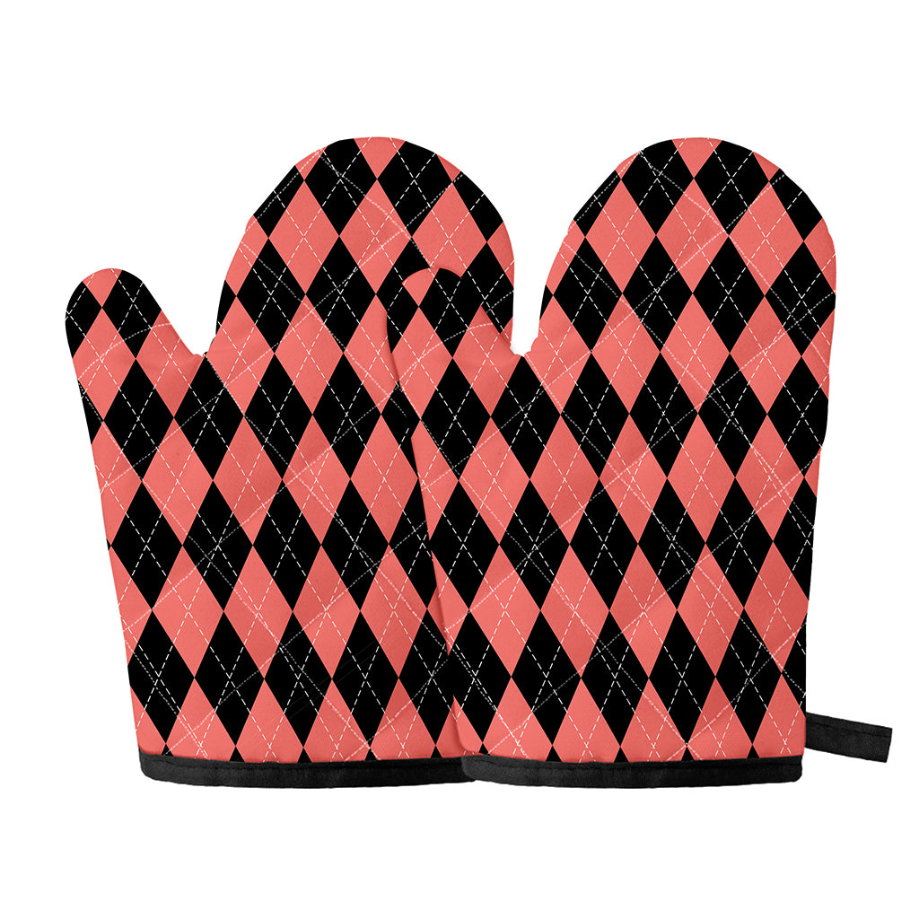 Black And Coral Argyle Pattern Print Oven Mitts