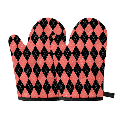 Black And Coral Argyle Pattern Print Oven Mitts