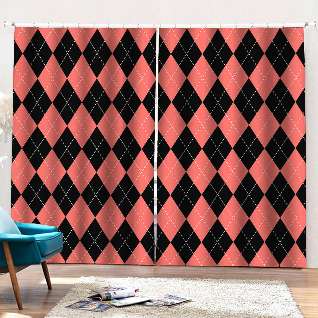 Black And Coral Argyle Pattern Print Pencil Pleat Curtains