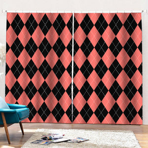 Black And Coral Argyle Pattern Print Pencil Pleat Curtains