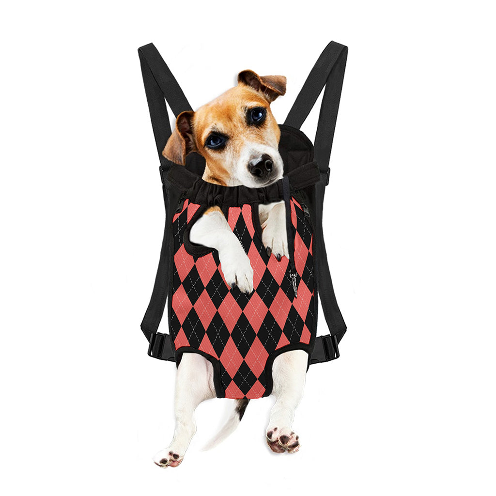 Black And Coral Argyle Pattern Print Pet Carrier Backpack