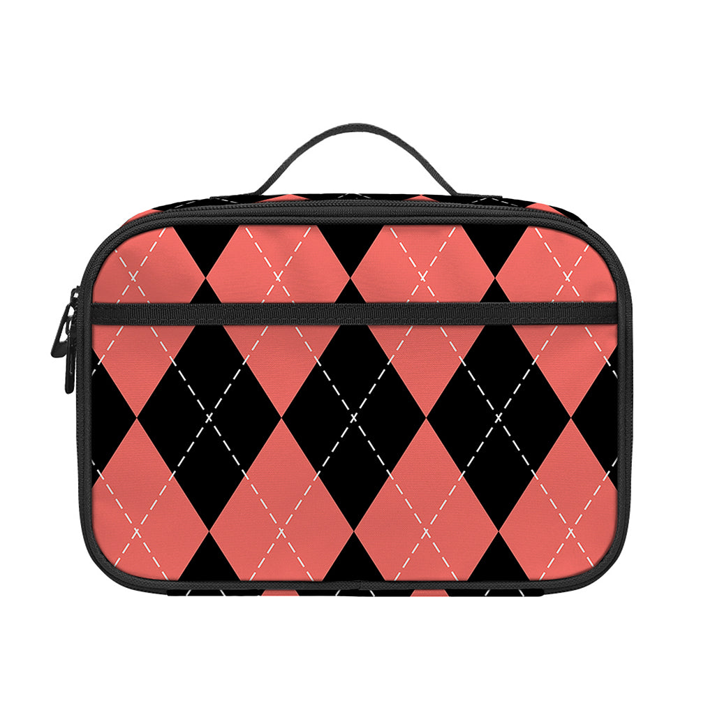 Black And Coral Argyle Pattern Print Portable Lunch Bag