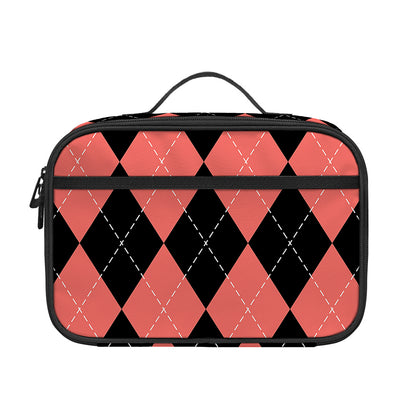 Black And Coral Argyle Pattern Print Portable Lunch Bag